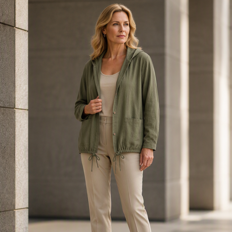 Damen lässige Jacke mit Kapuze und Kordelzug am Saum.