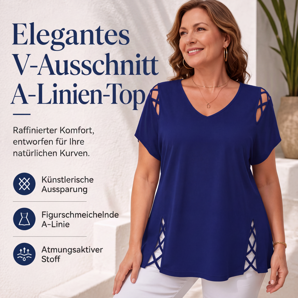 Damen Kurzarm-Oberteil mit V-Ausschnitt und Kreuzdesign
