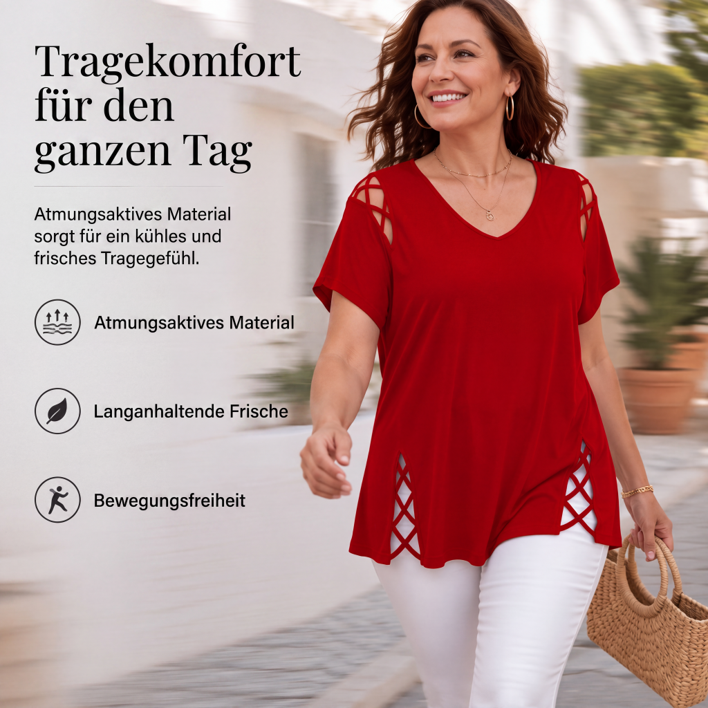 Damen Kurzarm-Oberteil mit V-Ausschnitt und Kreuzdesign