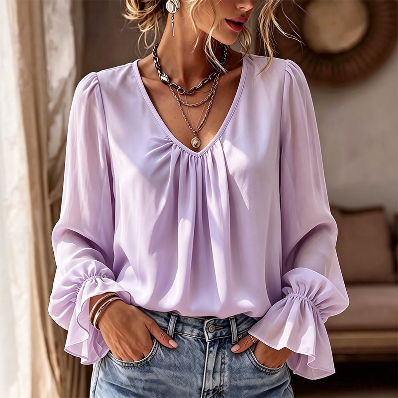 Damen elegante unifarbene V-Ausschnitt-Bluse