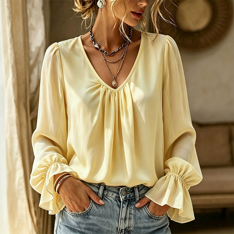Damen elegante unifarbene V-Ausschnitt-Bluse