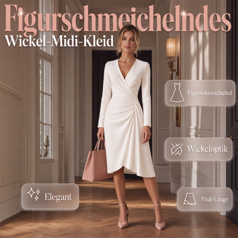 Wickel-Midikleid für Damen mit V-Ausschnitt, langen Ärmeln und geraffter Taille