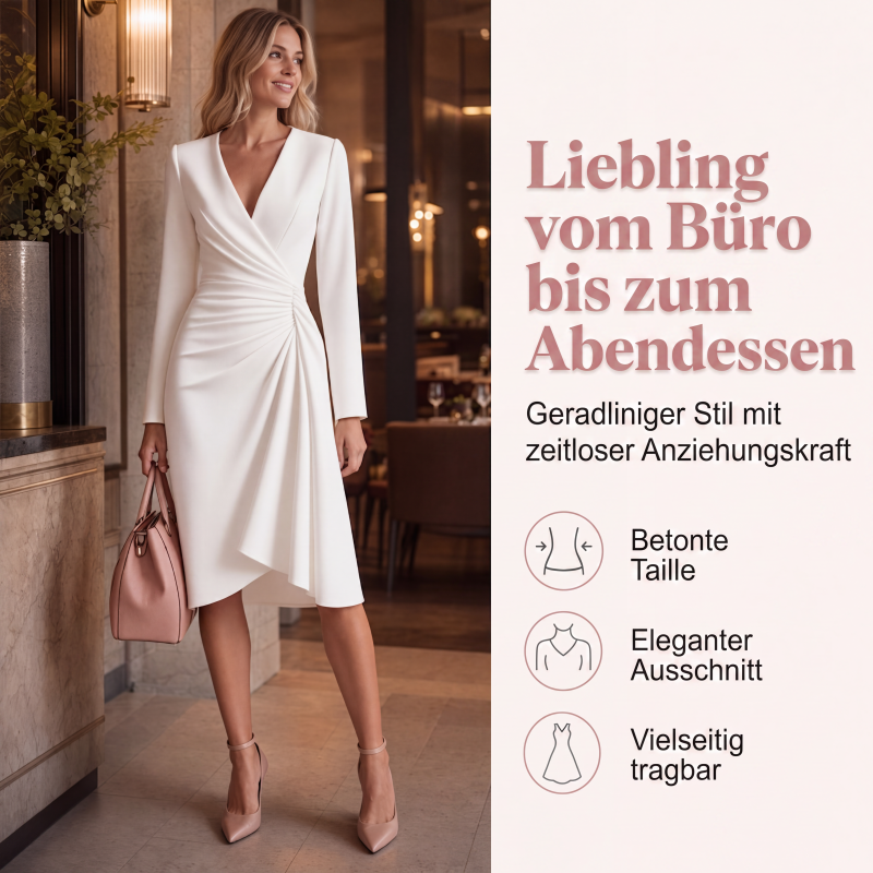 Wickel-Midikleid für Damen mit V-Ausschnitt, langen Ärmeln und geraffter Taille