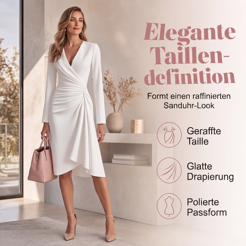 Wickel-Midikleid für Damen mit V-Ausschnitt, langen Ärmeln und geraffter Taille