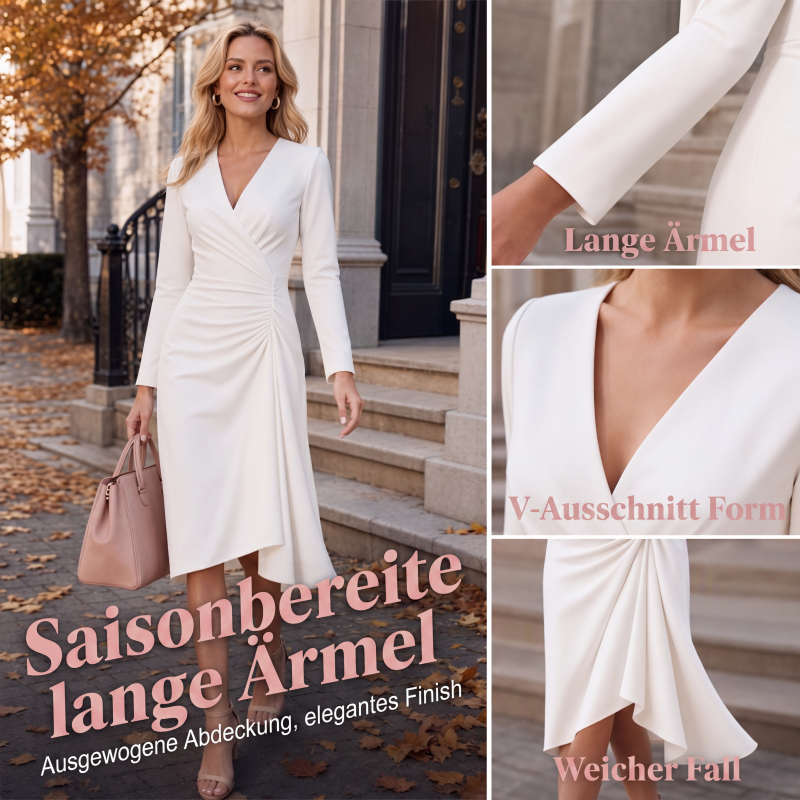 Wickel-Midikleid für Damen mit V-Ausschnitt, langen Ärmeln und geraffter Taille
