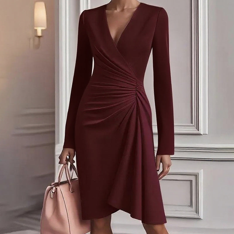 Wickel-Midikleid für Damen mit V-Ausschnitt, langen Ärmeln und geraffter Taille