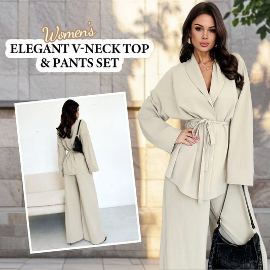 2-teiliges Set für Damen: elegantes Oberteil mit V-Ausschnitt und Hose mit weitem Bein