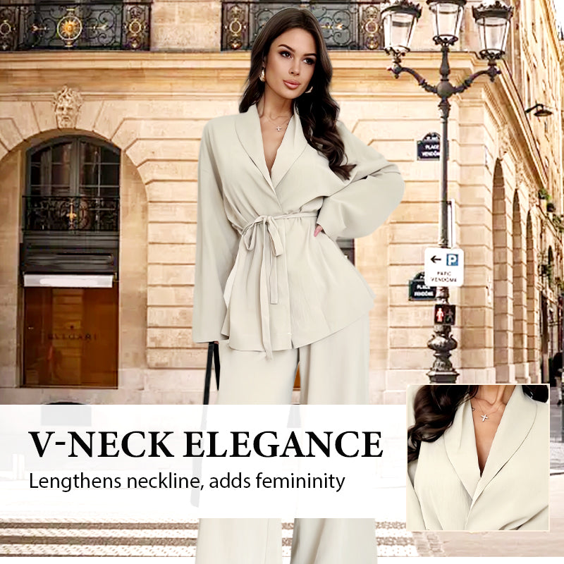 2-teiliges Set für Damen: elegantes Oberteil mit V-Ausschnitt und Hose mit weitem Bein