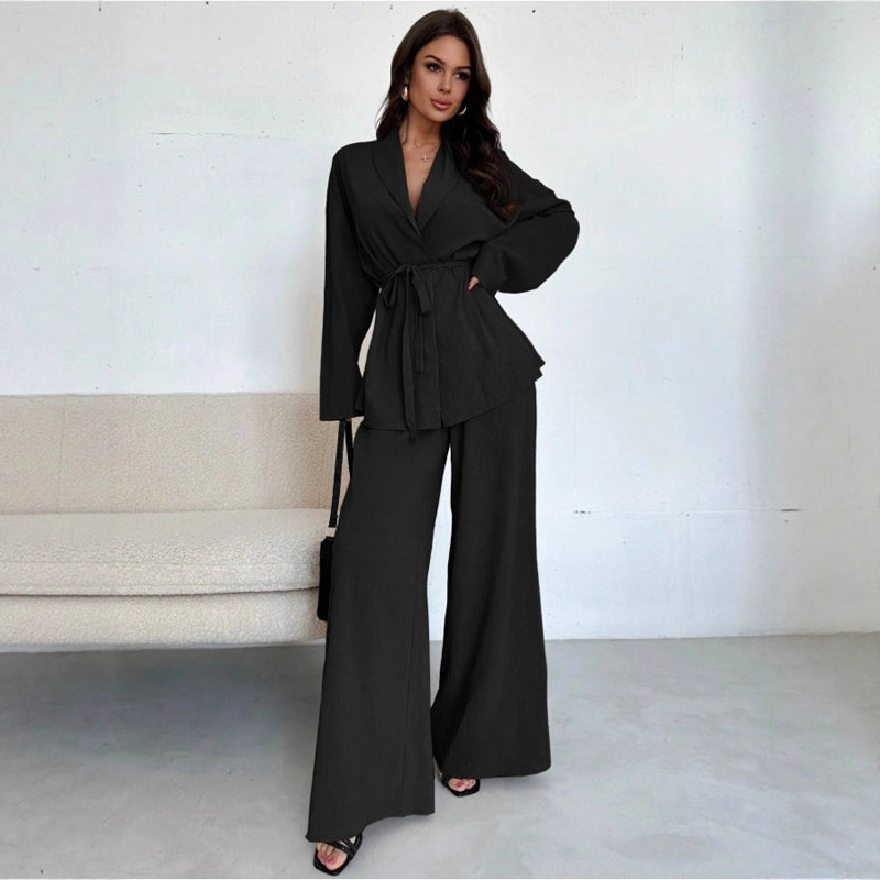 2-teiliges Set für Damen: elegantes Oberteil mit V-Ausschnitt und Hose mit weitem Bein