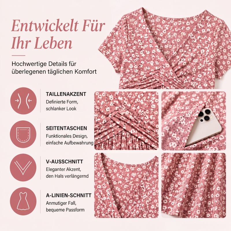 Elegantes Damenkleid mit V-Ausschnitt und Blumendruck