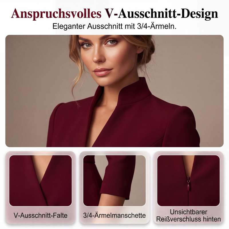 Elegantes figurbetontes Kleid mit Stehkragen und V-Ausschnitt