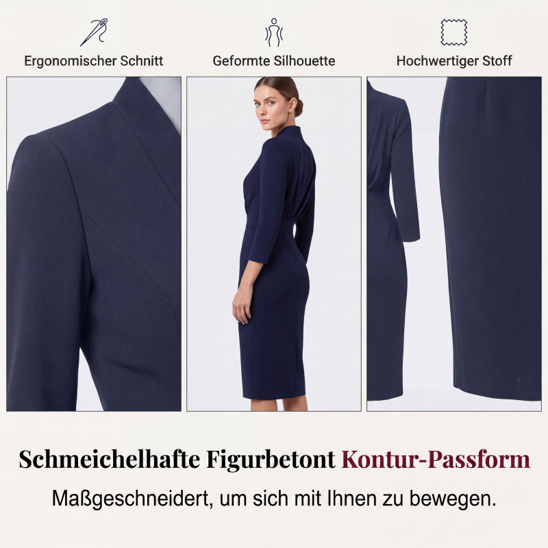 Elegantes figurbetontes Kleid mit Stehkragen und V-Ausschnitt