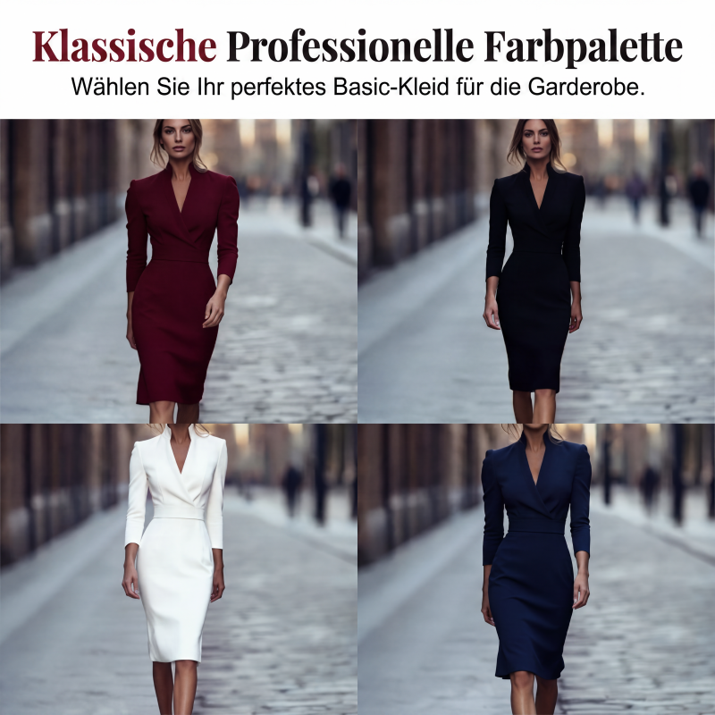 Elegantes figurbetontes Kleid mit Stehkragen und V-Ausschnitt