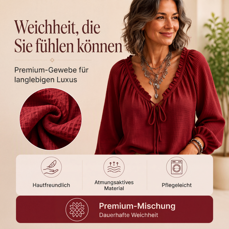 Locker sitzende Damenbluse mit Rüschen und Bindekragen