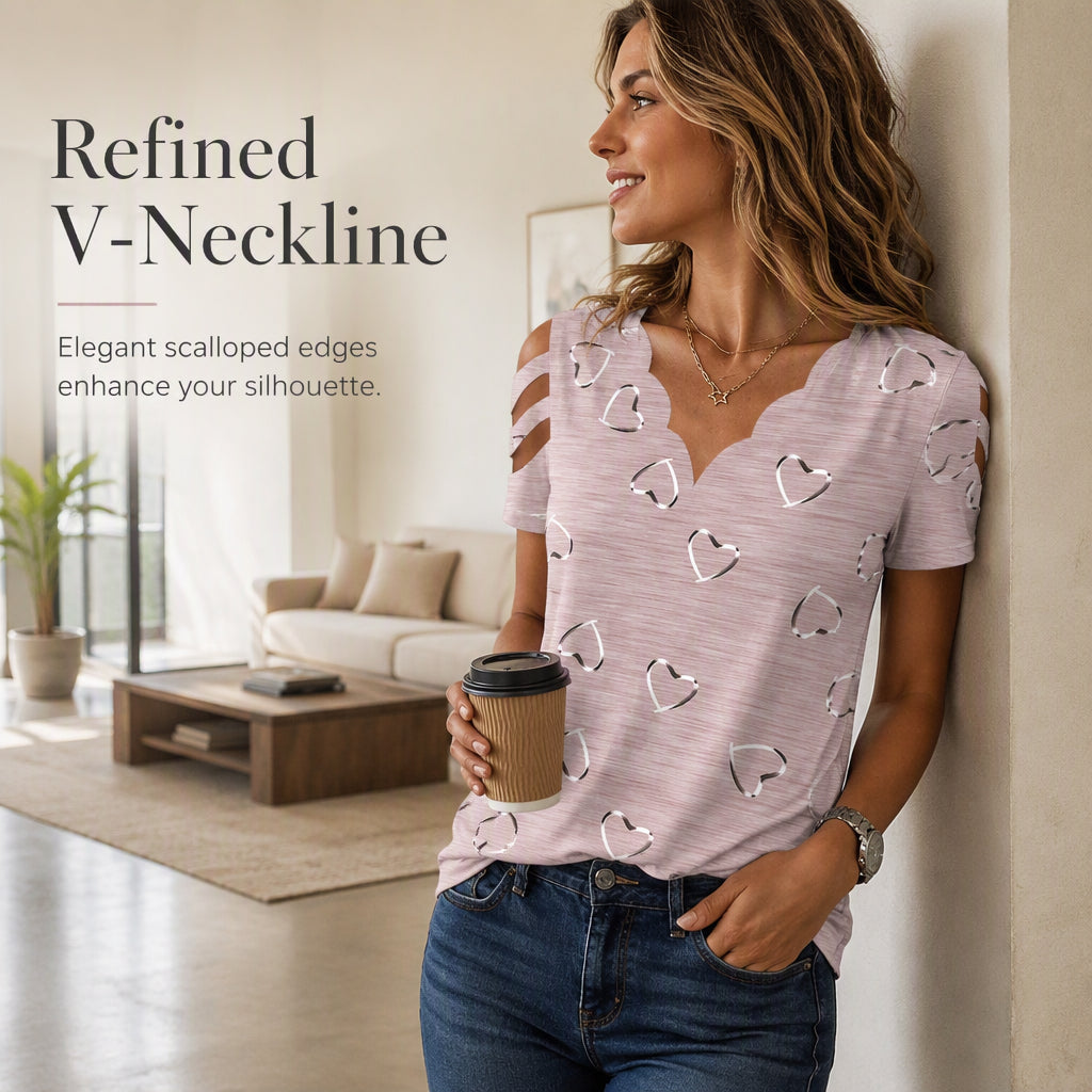 Damen V-Ausschnitt T-Shirt mit Herzmuster und Muschelkante