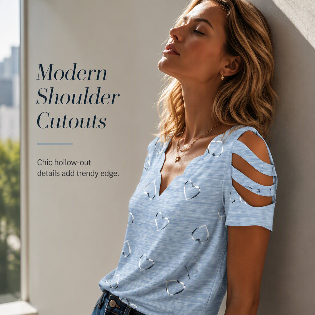 Damen V-Ausschnitt T-Shirt mit Herzmuster und Muschelkante