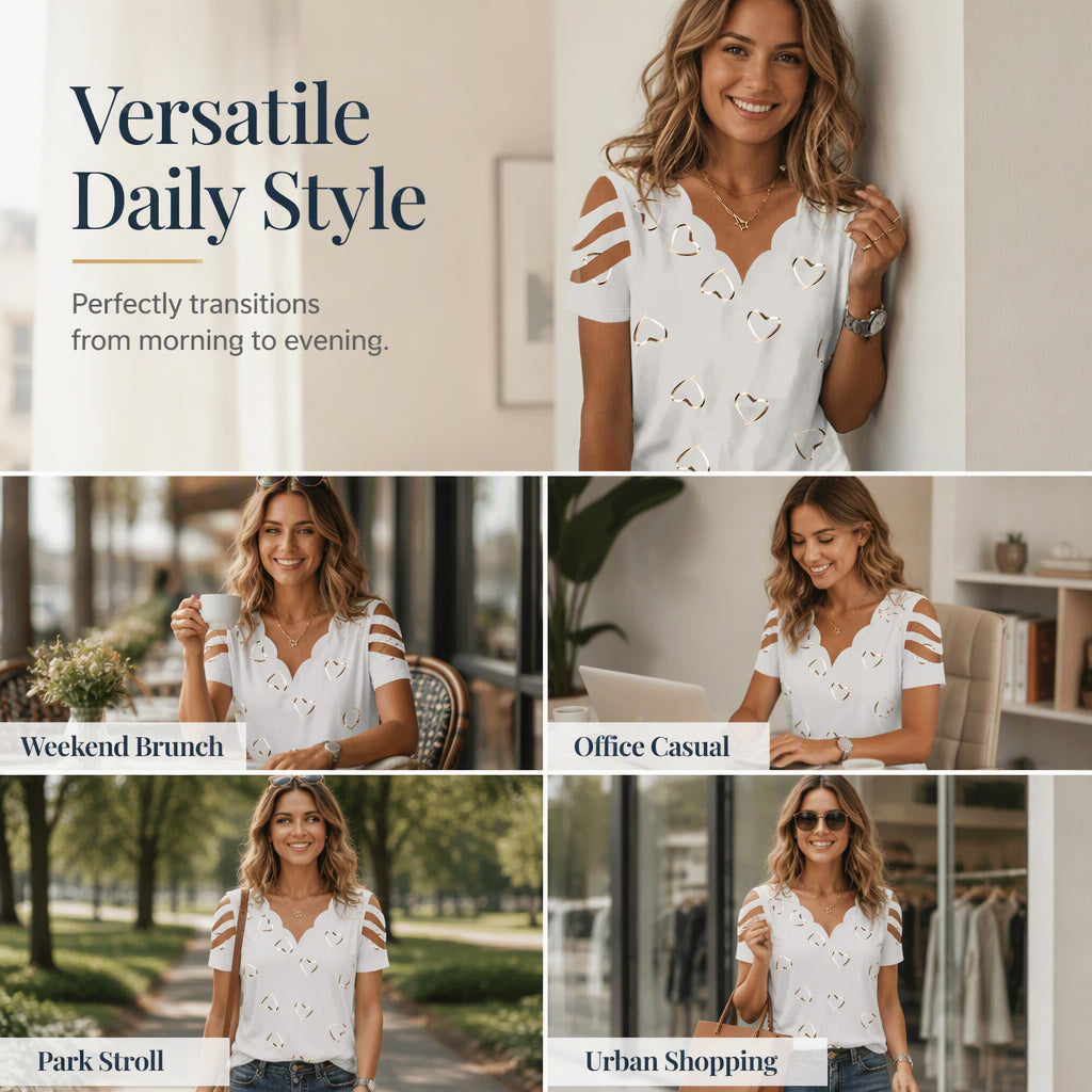 Damen V-Ausschnitt T-Shirt mit Herzmuster und Muschelkante