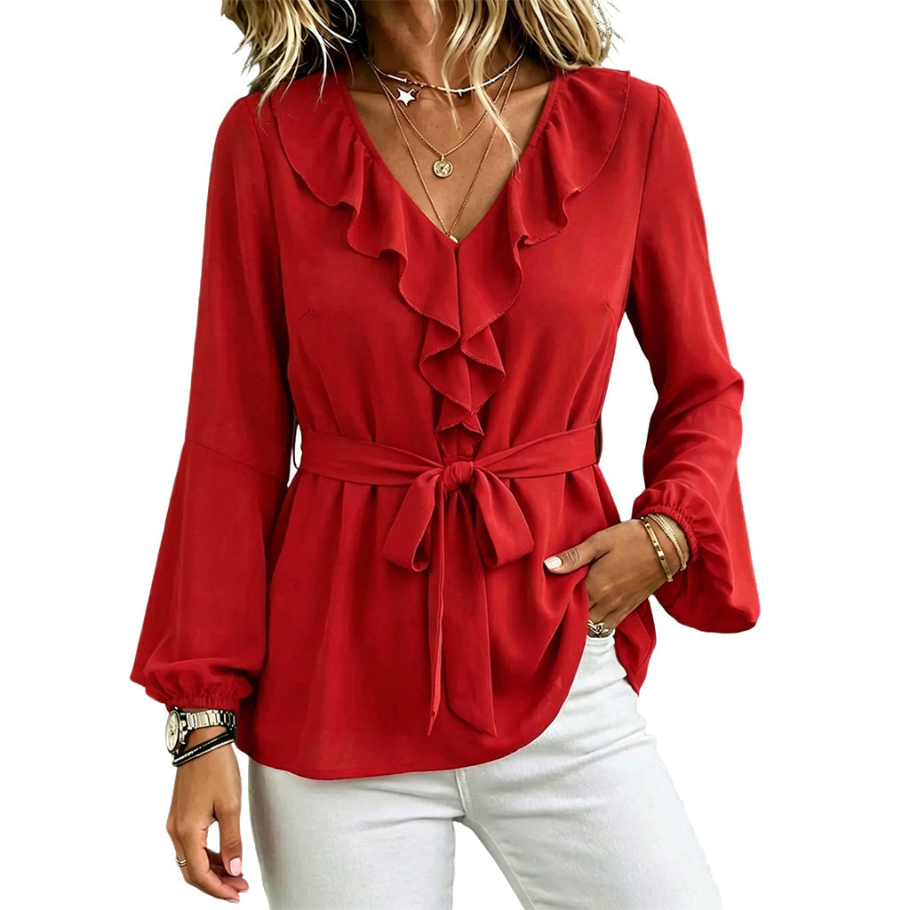 Elegante Damenbluse mit Rüschen und Taillengürtel
