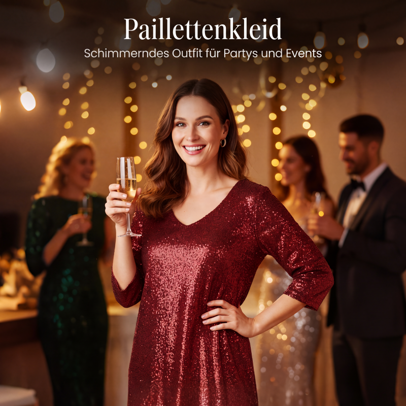 Damen Paillettenkleid mit V-Ausschnitt und Glitzer