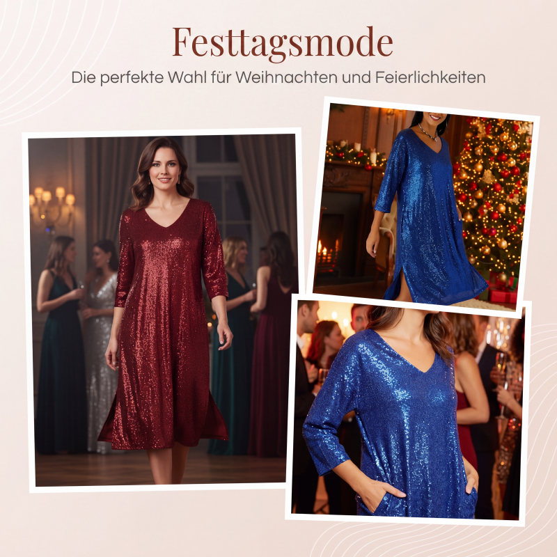 Damen Paillettenkleid mit V-Ausschnitt und Glitzer