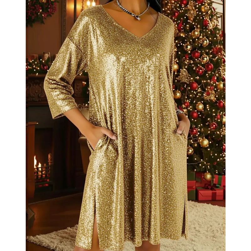 Damen Paillettenkleid mit V-Ausschnitt und Glitzer