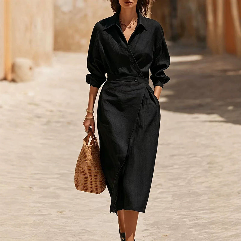 🔥Frühherbst-Sonderangebote – Midi-Shirtkleid für Damen mit Reverskragen und Taschen