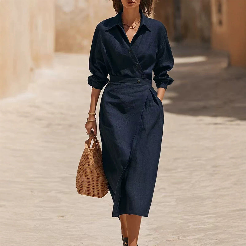 🔥Frühherbst-Sonderangebote – Midi-Shirtkleid für Damen mit Reverskragen und Taschen