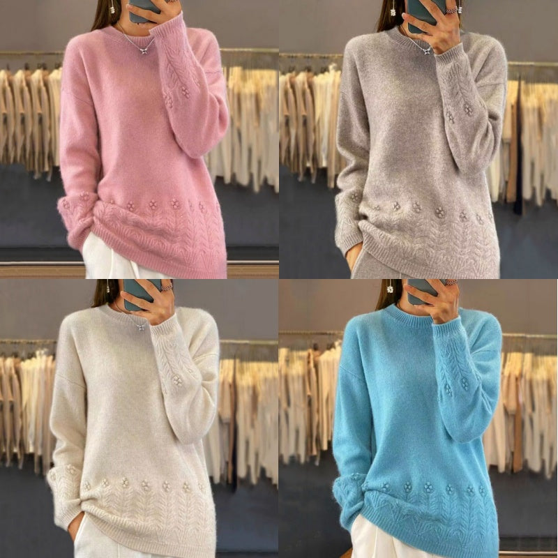 Damen Retro-Strickpullover mit Rundhalsausschnitt in Unifarbe