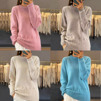 Damen Retro-Strickpullover mit Rundhalsausschnitt in Unifarbe
