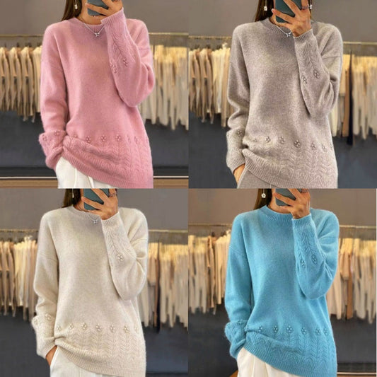 Damen Retro-Strickpullover mit Rundhalsausschnitt in Unifarbe