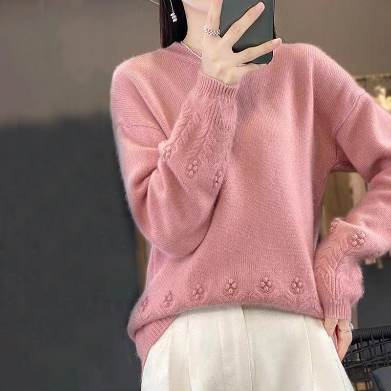 Damen Retro-Strickpullover mit Rundhalsausschnitt in Unifarbe