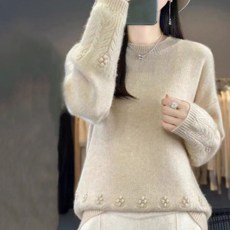 Damen Retro-Strickpullover mit Rundhalsausschnitt in Unifarbe