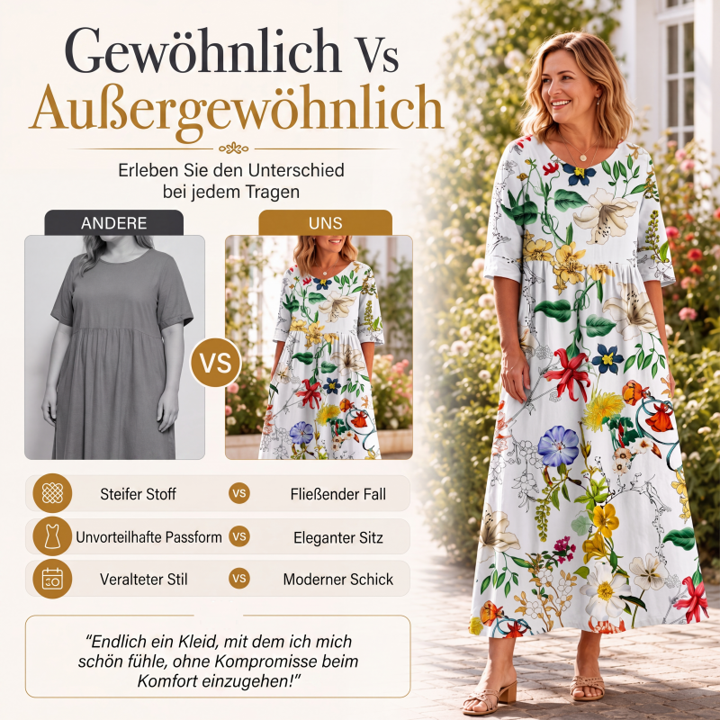 Kurzärmeliges bedrucktes Damenkleid mit Taschen