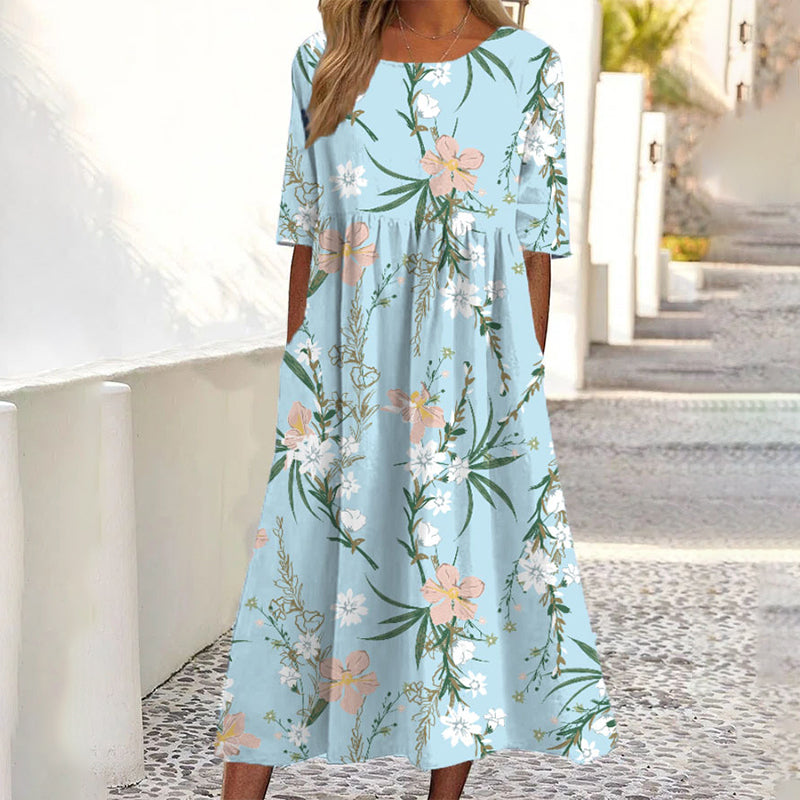 Kurzärmeliges bedrucktes Damenkleid mit Taschen
