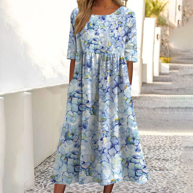 Kurzärmeliges bedrucktes Damenkleid mit Taschen
