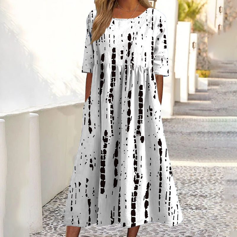 Kurzärmeliges bedrucktes Damenkleid mit Taschen