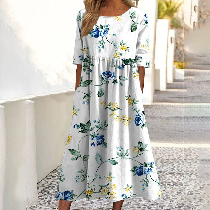 Kurzärmeliges bedrucktes Damenkleid mit Taschen