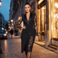 Damen elegantes V-Ausschnitt-Bodycon-Kleid mit Spitzenärmeln
