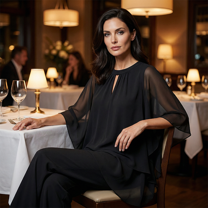 Eleganter Zweiteiler: Bluse mit asymmetrischem Saum & weite Hose