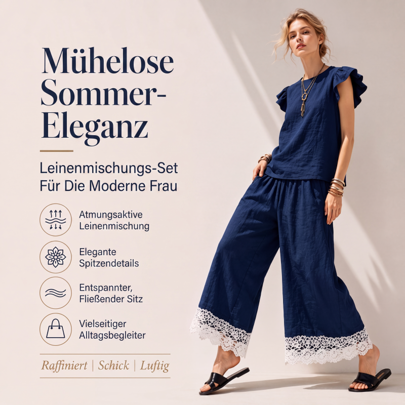 Damen Sommer-Set mit Rüschenärmel-Oberteil und Spitzensaum-Hose