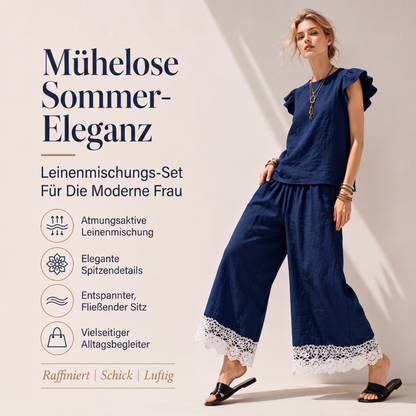 Damen Sommer-Set mit Rüschenärmel-Oberteil und Spitzensaum-Hose