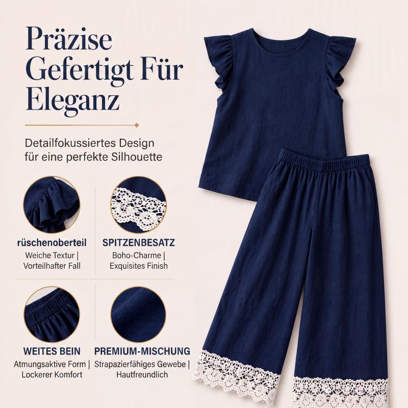 Damen Sommer-Set mit Rüschenärmel-Oberteil und Spitzensaum-Hose