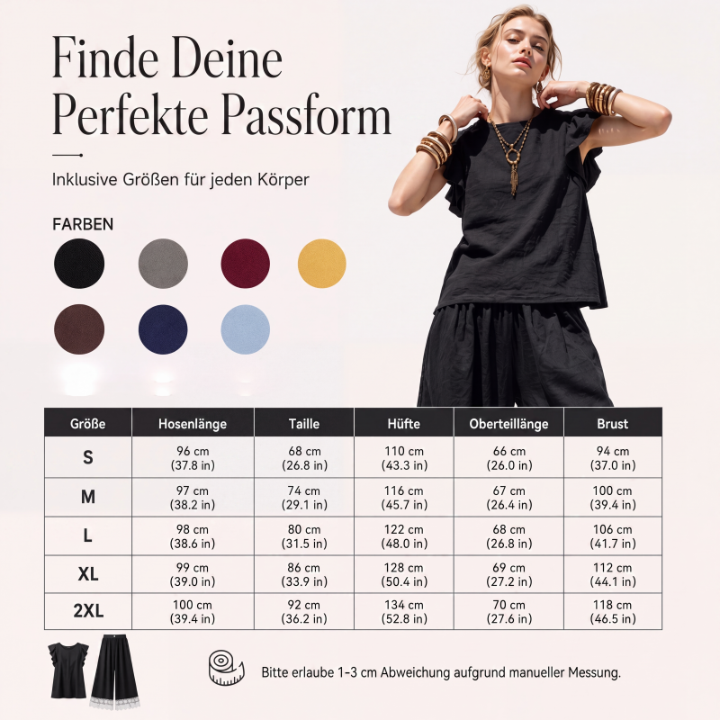 Damen Sommer-Set mit Rüschenärmel-Oberteil und Spitzensaum-Hose