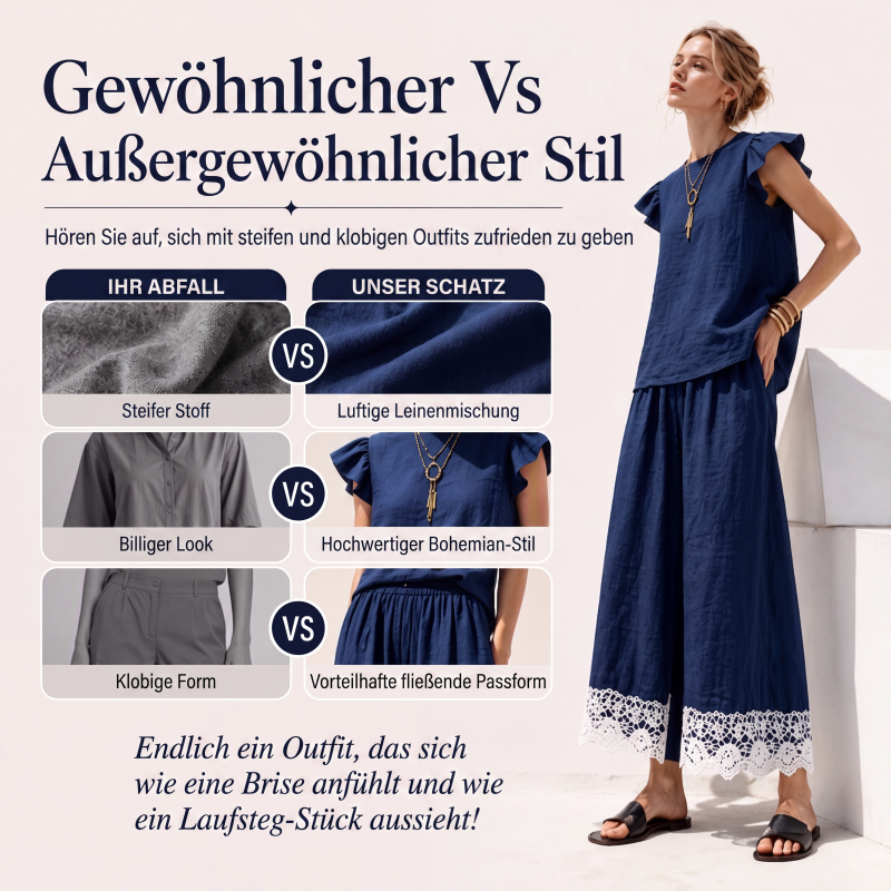 Damen Sommer-Set mit Rüschenärmel-Oberteil und Spitzensaum-Hose