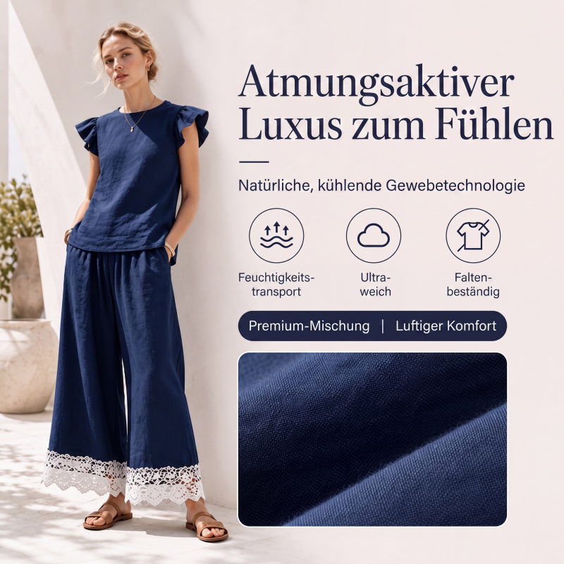 Damen Sommer-Set mit Rüschenärmel-Oberteil und Spitzensaum-Hose