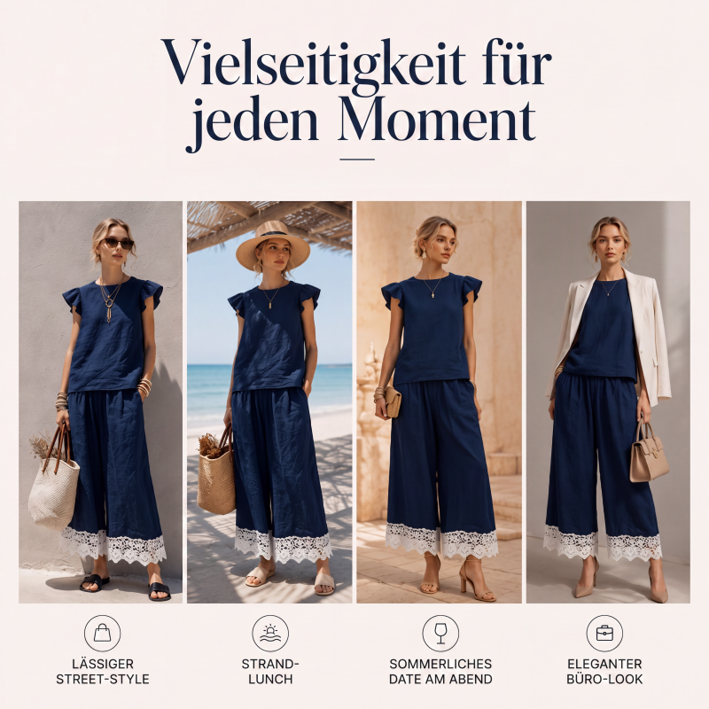 Damen Sommer-Set mit Rüschenärmel-Oberteil und Spitzensaum-Hose
