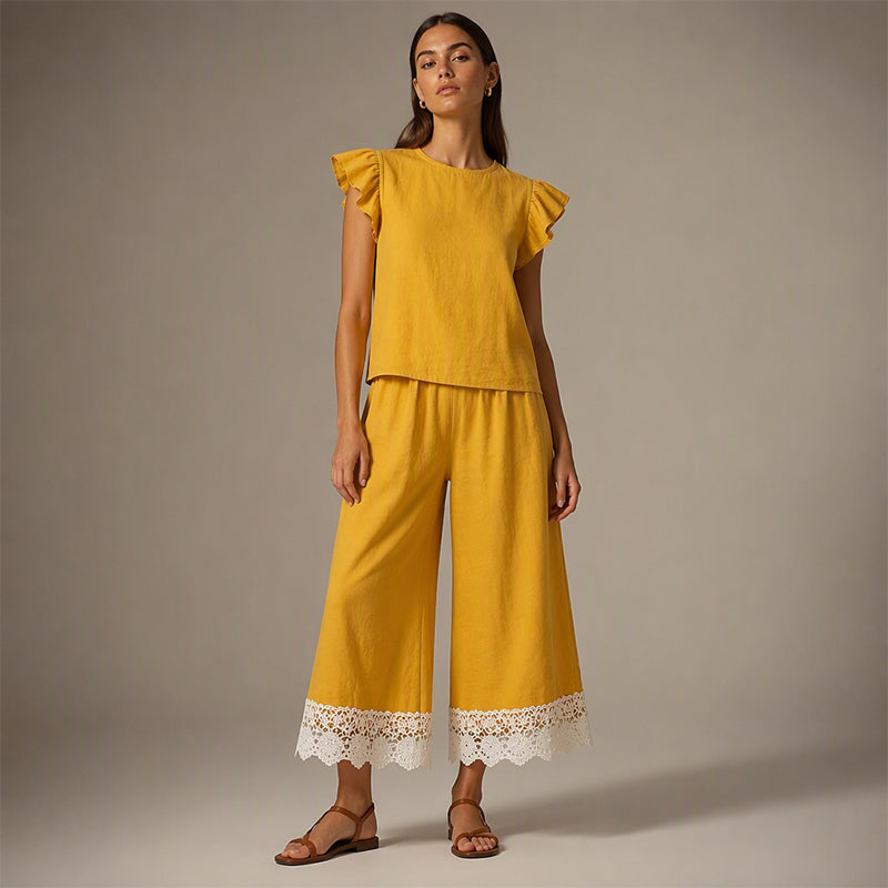 Damen Sommer-Set mit Rüschenärmel-Oberteil und Spitzensaum-Hose
