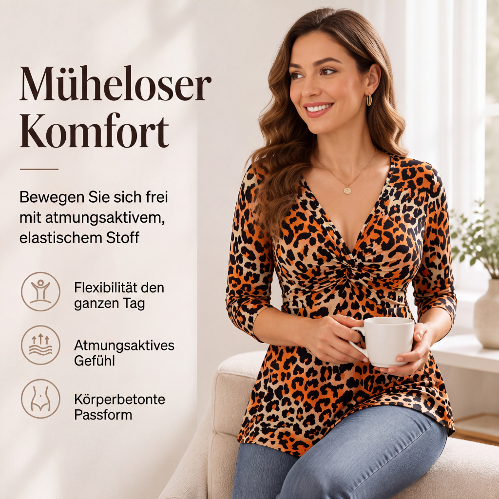 Großes Damenoberteil mit Leopardenmuster und V-Ausschnitt