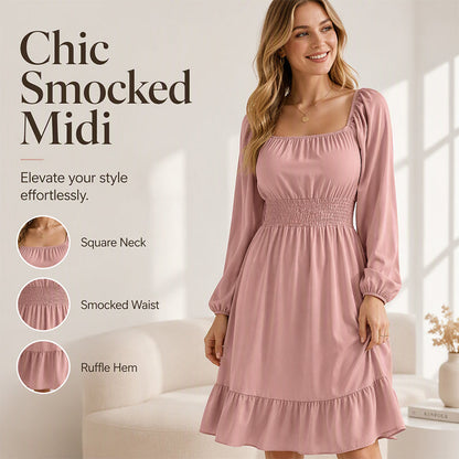 Damen A-Linien-Kleid mit Smokbund und eckigem Ausschnitt