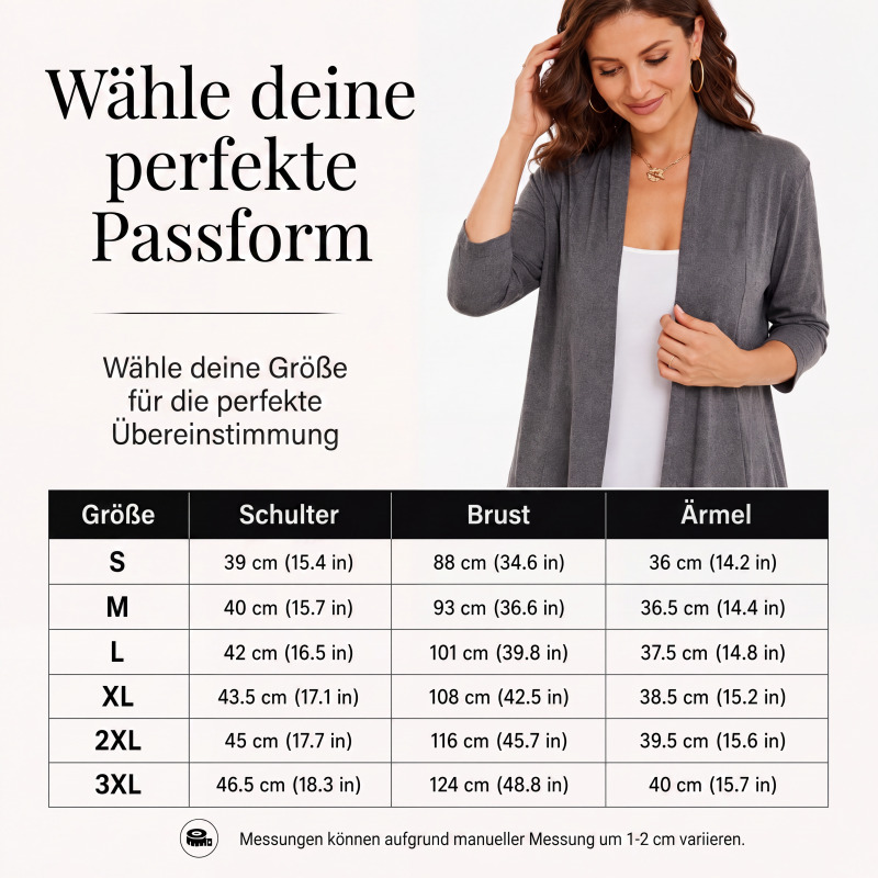 Damen-Cardigan mit 3/4-Ärmeln und offenem Vorderteil